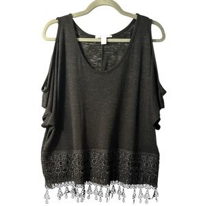 Francesca’s Miami Black Cold Shoulder Crochet Trim Top